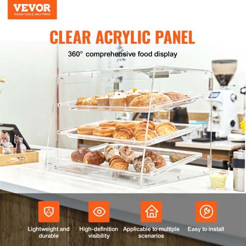 VEVOR 20.7"x14.2"x16.3" Pastry Display Case, 3-Tier Commercial Countertop Bakery Display Case, Acrylic Display Box with Rear Door Access & Removable