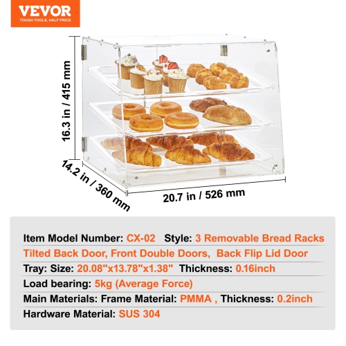 VEVOR 20.7"x14.2"x16.3" Pastry Display Case, 3-Tier Commercial Countertop Bakery Display Case, Acrylic Display Box with Rear Door Access & Removable