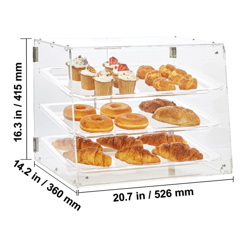 VEVOR 20.7"x14.2"x16.3" Pastry Display Case, 3-Tier Commercial Countertop Bakery Display Case, Acrylic Display Box with Rear Door Access & Removable