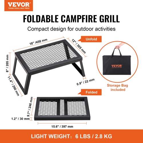 VEVOR 18" Folding Campfire Grill, Heavy Duty Steel Mesh Grate, Portable Camping Grates Over Fire Pit, Camp Fire Cooking Equipment with Legs Carrying