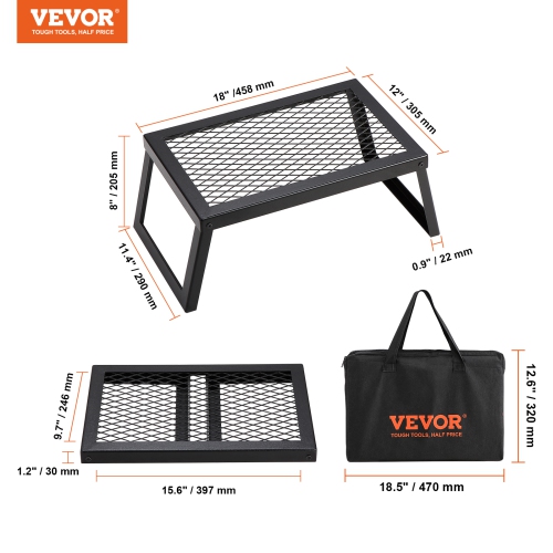 VEVOR 18" Folding Campfire Grill, Heavy Duty Steel Mesh Grate, Portable Camping Grates Over Fire Pit, Camp Fire Cooking Equipment with Legs Carrying