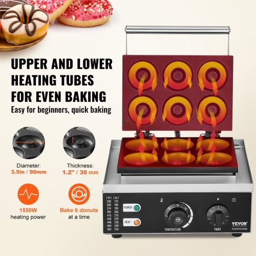 VEVOR 1550W Electric Donut Maker, Commercial Doughnut Machine with Non-stick Surface, 6 Holes Double-Sided Heating Waffle Machine Makes 6 Doughnuts,