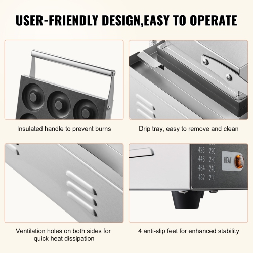 VEVOR 1550W Electric Donut Maker, Commercial Doughnut Machine with Non-stick Surface, 6 Holes Double-Sided Heating Waffle Machine Makes 6 Doughnuts,
