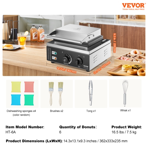 VEVOR 1550W Electric Donut Maker, Commercial Doughnut Machine with Non-stick Surface, 6 Holes Double-Sided Heating Waffle Machine Makes 6 Doughnuts,