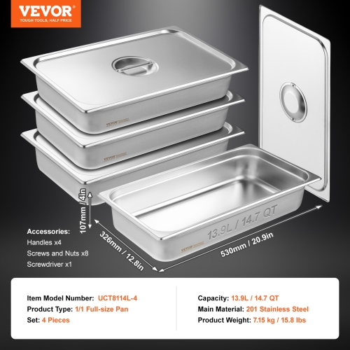 VEVOR 4 Pack Hotel Pans, Full Size Anti-Jam Steam Pan with Lid, 0.8mm Thick Stainless Steel Steam Table Pan, 4-Inch Deep Commercial Table Pan,