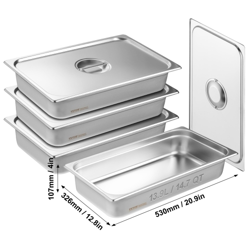 VEVOR 4 Pack Hotel Pans, Full Size Anti-Jam Steam Pan with Lid, 0.8mm Thick Stainless Steel Steam Table Pan, 4-Inch Deep Commercial Table Pan,