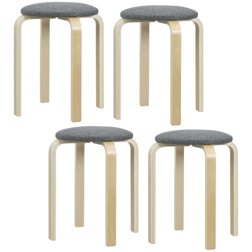 HOMCOM Stackable Stools Set of 4, Backless Stacking Chairs with Padded Seat, Round Kitchen Stools for Dining Room, Living Room, Grey