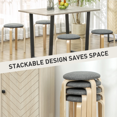 HOMCOM Stackable Stools Set of 4, Backless Stacking Chairs with Padded Seat, Round Kitchen Stools for Dining Room, Living Room, Grey