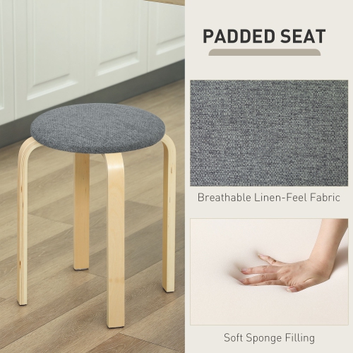 HOMCOM Stackable Stools Set of 4, Backless Stacking Chairs with Padded Seat, Round Kitchen Stools for Dining Room, Living Room, Grey