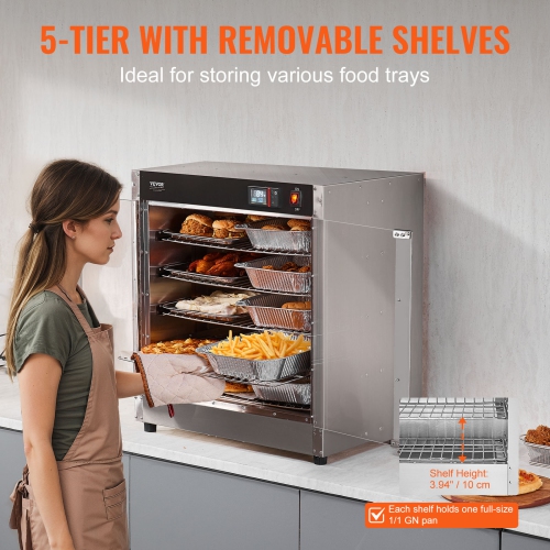 VEVOR 5-Tier Hot Box Food Warmer, with Water Tray, 5 Pans, Glass Double-door and Adjustable Shelves, Stainless Steel Warmer Cabinet, Ideal for