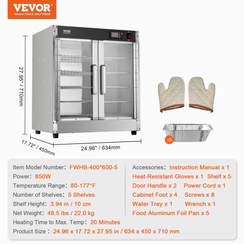 VEVOR 5-Tier Hot Box Food Warmer, with Water Tray, 5 Pans, Glass Double-door and Adjustable Shelves, Stainless Steel Warmer Cabinet, Ideal for