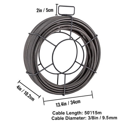 VEVOR 50 Feet x 3/8 Inch Drain Cleaning Cable Solid Core Cable Sewer Cable Drain Auger Cable Cleaner Snake Clog Pipe Drain Cleaning Cable Sewer Drain