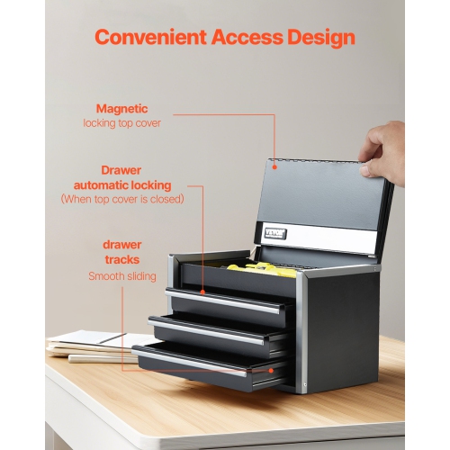 VEVOR 8.6-inch Portable Metal Tool Box, with 3 Drawers, Small Tool Chest with EVA Liners and PP Feet Pads, Heavy-Duty Steel With Ball Bearing Opening