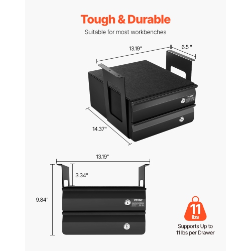 VEVOR&nbsp;13"&nbsp;Wide&nbsp;Under&nbsp;Desk&nbsp;Drawer&nbsp;Slide&nbsp;Out, 14x13x10&nbsp;in,&nbsp;Lockable