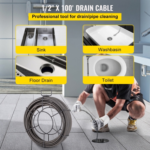 VEVOR 100 Feet x 1/2 Inch Drain Cleaning Cable Solid Core Cable Sewer Cable Drain Auger Cable Cleaner Snake Clog Pipe Drain Cleaning Cable Sewer