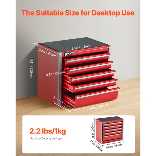 VEVOR 8.6-inch Portable Metal Tool Box, with 5 Drawers, Small Tool Chest with EVA Liners and PP Feet Pads, Heavy-Duty Steel With Ball Bearing Opening