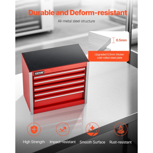 VEVOR 8.6-inch Portable Metal Tool Box, with 5 Drawers, Small Tool Chest with EVA Liners and PP Feet Pads, Heavy-Duty Steel With Ball Bearing Opening