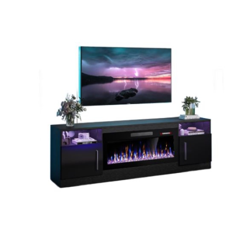 LEMBERI 36" Electric Fireplace TV Stand – Holds up to 80" TVs, modern high-gloss black wood design with LED lights, storage cabinet, and