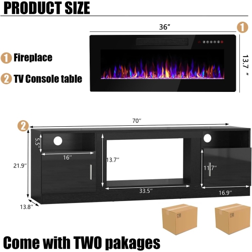 LEMBERI 36" Electric Fireplace TV Stand – Holds up to 80" TVs, modern high-gloss black wood design with LED lights, storage cabinet, and