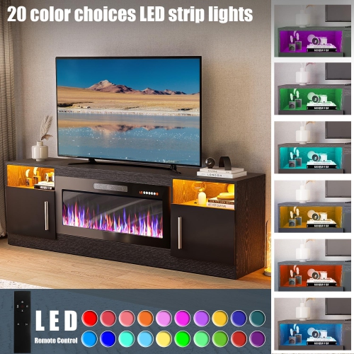LEMBERI 36" Electric Fireplace TV Stand – Holds up to 80" TVs, modern high-gloss black wood design with LED lights, storage cabinet, and