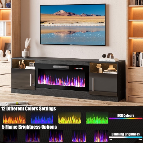 LEMBERI 36" Electric Fireplace TV Stand – Holds up to 80" TVs, modern high-gloss black wood design with LED lights, storage cabinet, and