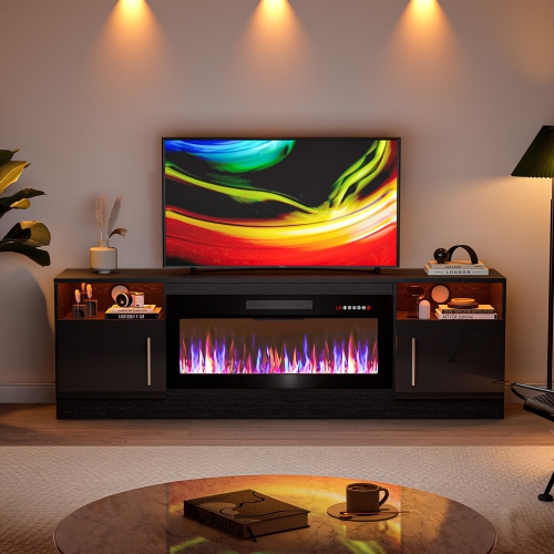 LEMBERI 36" Electric Fireplace TV Stand – Holds up to 80" TVs, modern high-gloss black wood design with LED lights, storage cabinet, and