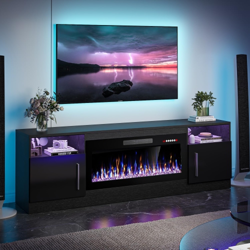 LEMBERI 36" Electric Fireplace TV Stand – Holds up to 80" TVs, modern high-gloss black wood design with LED lights, storage cabinet, and