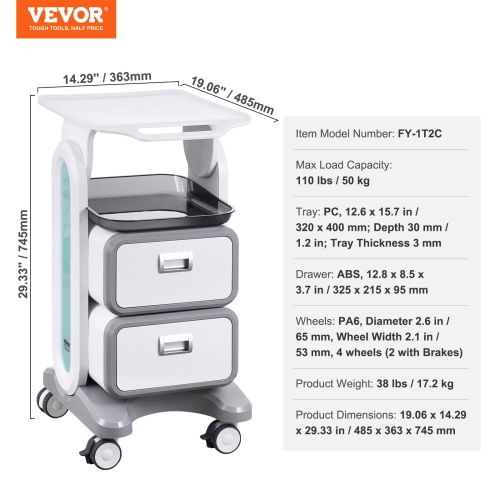 VEVOR 3 Tiers Lab Carts, Lab Utility Cart with 2 Drawers & 1 Top Tray, Mobile Medical Cart with ABS Material, Lab Rolling Cart with 4 Silent Wheels