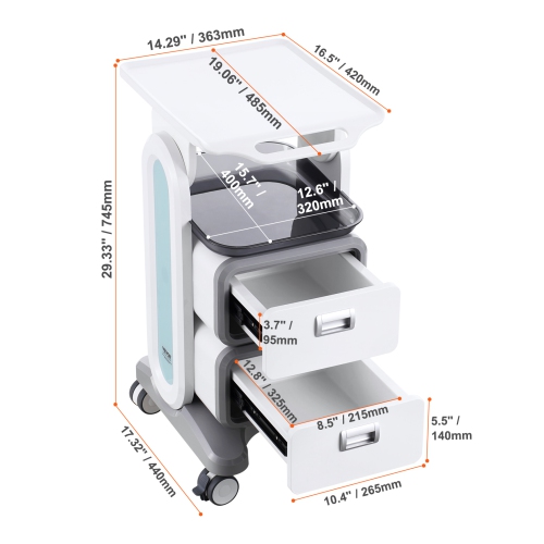VEVOR 3 Tiers Lab Carts, Lab Utility Cart with 2 Drawers & 1 Top Tray, Mobile Medical Cart with ABS Material, Lab Rolling Cart with 4 Silent Wheels