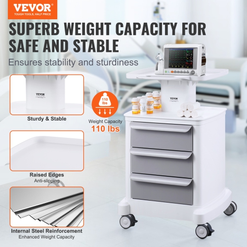 VEVOR 4 Tiers Lab Carts, Lab Utility Cart with 3 Drawers & 1 Top Tray, Mobile Medical Cart with ABS Material, Lab Rolling Cart with 4 Silent Wheels