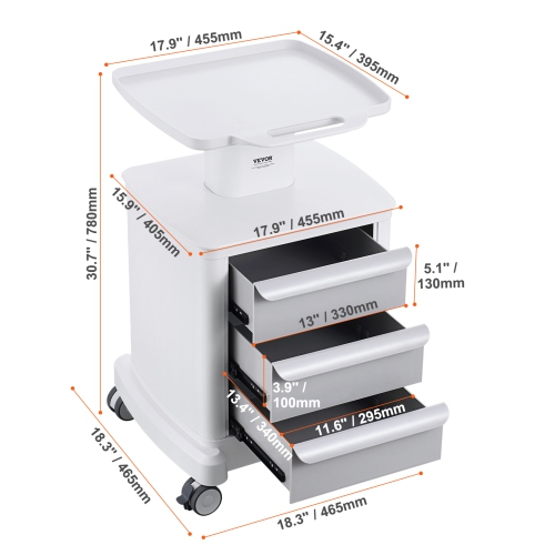 VEVOR 4 Tiers Lab Carts, Lab Utility Cart with 3 Drawers & 1 Top Tray, Mobile Medical Cart with ABS Material, Lab Rolling Cart with 4 Silent Wheels
