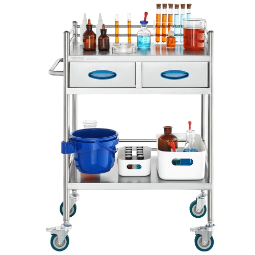 VEVOR 2 Layers Lab Serving Cart, Stainless Steel Utility Rolling Cart, Medical Cart with Two Drawers, Dental Utility Cart with Lockable Wheels and A