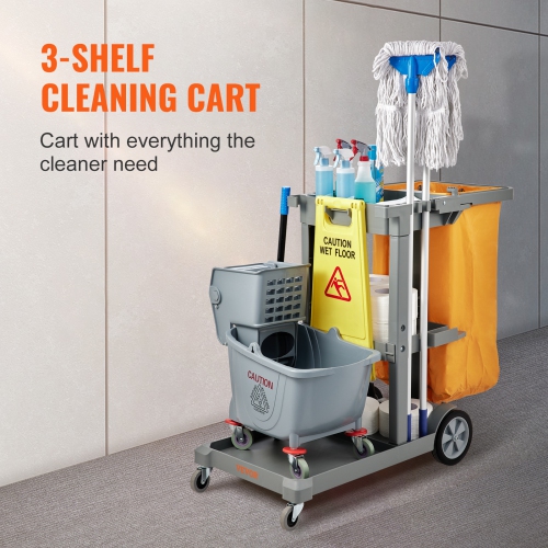 VEVOR 47" x 20" x 38.6" Cleaning Cart, 3-Shelf Commercial Janitorial Cart, 200 lbs Capacity Plastic Housekeeping Cart, with 25 Gallon PVC Bag,