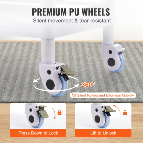 VEVOR 3 Tiers Lab Carts, Lab Utility Cart with 3 Trays & 4 Silent Wheels, Mobile Medical Cart with PP Material, Lab Rolling Cart with 3 Trash Cans