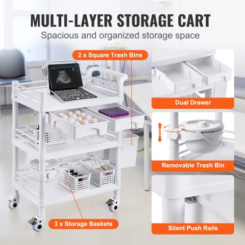 VEVOR 3 Tiers Lab Carts, Lab Utility Cart with 3 Trays & 4 Silent Wheels, Mobile Medical Cart with PP Material, Lab Rolling Cart with 3 Trash Cans