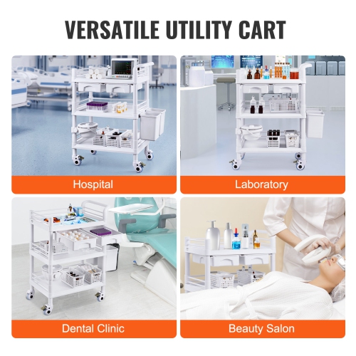 VEVOR 3 Tiers Lab Carts, Lab Utility Cart with 3 Trays & 4 Silent Wheels, Mobile Medical Cart with PP Material, Lab Rolling Cart with 3 Trash Cans