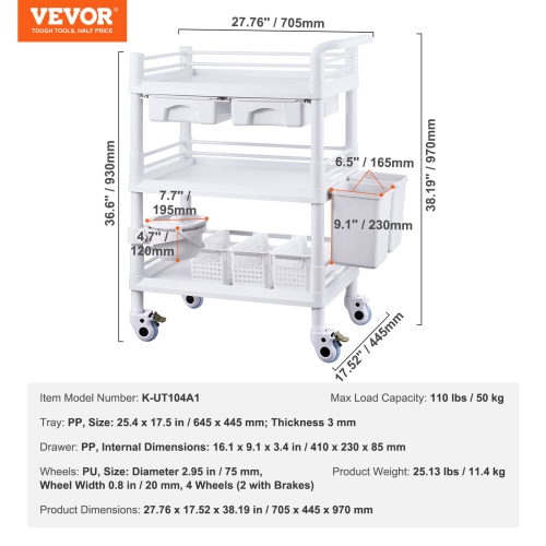 VEVOR 3 Tiers Lab Carts, Lab Utility Cart with 3 Trays & 4 Silent Wheels, Mobile Medical Cart with PP Material, Lab Rolling Cart with 3 Trash Cans