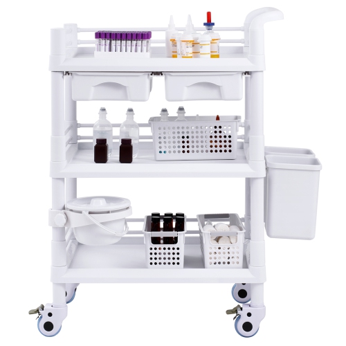 VEVOR 3 Tiers Lab Carts, Lab Utility Cart with 3 Trays & 4 Silent Wheels, Mobile Medical Cart with PP Material, Lab Rolling Cart with 3 Trash Cans