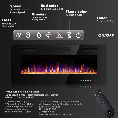 LEMBERI Ultra-Thin Recessed Electric Fireplace – Wall or in-wall mount, adjustable flame colors/speed, silent operation, touchscreen remote with