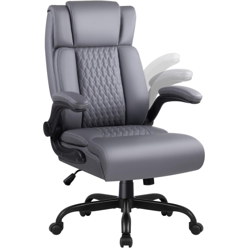 LEMBERI Executive Office Chair - Heavy-duty big & tall PU leather chair with flip-up armrests, lumbar support & high back - Grey