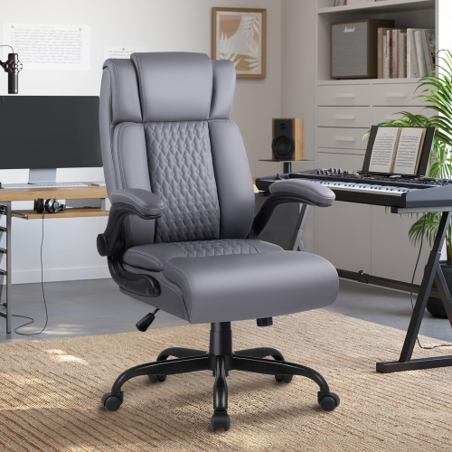 LEMBERI Executive Office Chair - Heavy-duty big & tall PU leather chair with flip-up armrests, lumbar support & high back - Grey