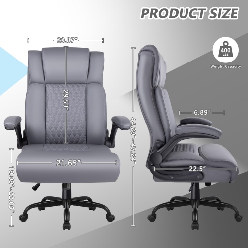 LEMBERI Executive Office Chair - Heavy-duty big & tall PU leather chair with flip-up armrests, lumbar support & high back - Grey