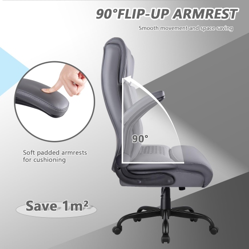 LEMBERI Executive Office Chair - Heavy-duty big & tall PU leather chair with flip-up armrests, lumbar support & high back - Grey