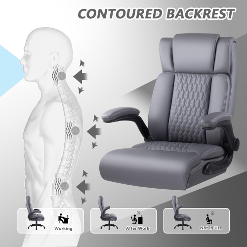 LEMBERI Executive Office Chair - Heavy-duty big & tall PU leather chair with flip-up armrests, lumbar support & high back - Grey