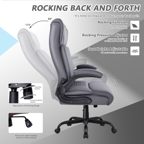 LEMBERI Executive Office Chair - Heavy-duty big & tall PU leather chair with flip-up armrests, lumbar support & high back - Grey
