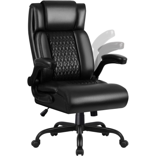 LEMBERI Heavy-Duty Executive Chair - Big & tall PU leather office/gaming chair with flip-up armrests, lumbar support & high back - Black