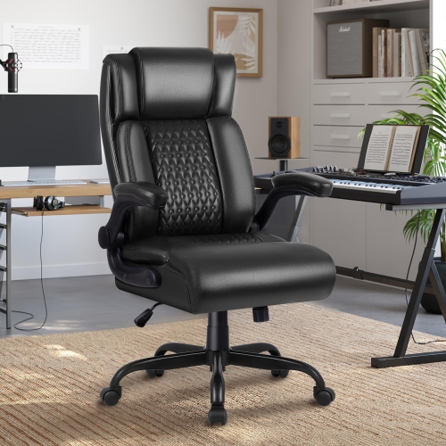 LEMBERI Heavy-Duty Executive Chair - Big & tall PU leather office/gaming chair with flip-up armrests, lumbar support & high back - Black