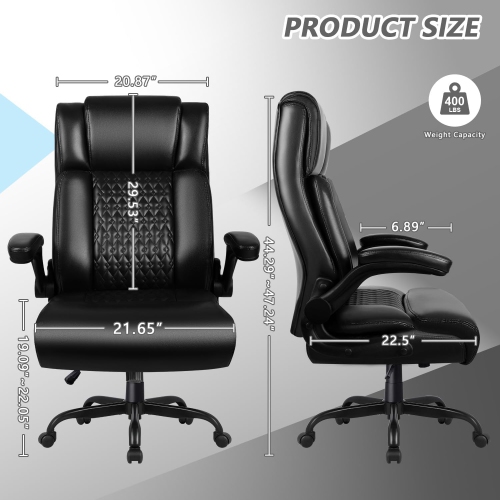 LEMBERI Heavy-Duty Executive Chair - Big & tall PU leather office/gaming chair with flip-up armrests, lumbar support & high back - Black