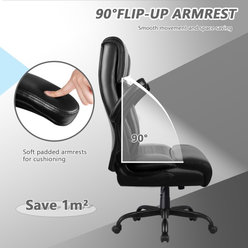 LEMBERI Heavy-Duty Executive Chair - Big & tall PU leather office/gaming chair with flip-up armrests, lumbar support & high back - Black