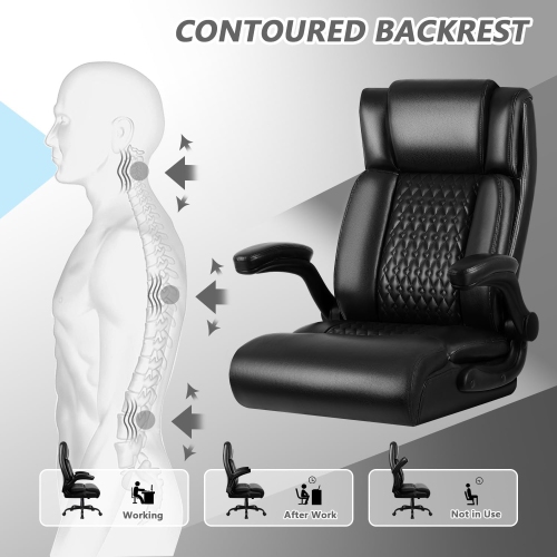 LEMBERI Heavy-Duty Executive Chair - Big & tall PU leather office/gaming chair with flip-up armrests, lumbar support & high back - Black